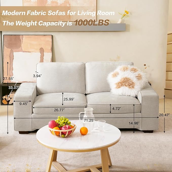 COOSLEEP 71.2" Modern Sofa Couch for Bedroom, Loveseat with Removable Cover, Wide Armrest, Spring Cushions and Solid Wood Frame, Chenille, Easy Assembly for Small Spaces(Beige)
