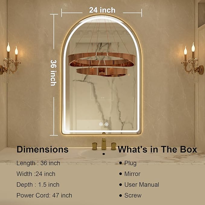 24"x36" Arched LED Bathroom Mirror, Gold Framed LED Bathroom Mirrors with Front Light and Backlit, Anti-Fog, Dimmable, 3 Colors, Memory Function, Arch Smart Vanity Mirror