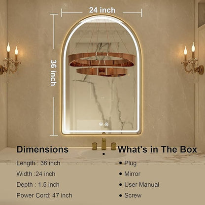 24"x36" Arched LED Bathroom Mirror, Gold Framed LED Bathroom Mirrors with Front Light and Backlit, Anti-Fog, Dimmable, 3 Colors, Memory Function, Arch Smart Vanity Mirror