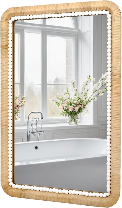 FUIN 30x20 Inch Rattan Wall Mirror with White Bead Trim, Handmade Boho Bathroom Vanity Mirror, Natural Rectangular Hanging Mirror for Bedroom, Living Room, Entryway, Vertical or Horizontal Mount