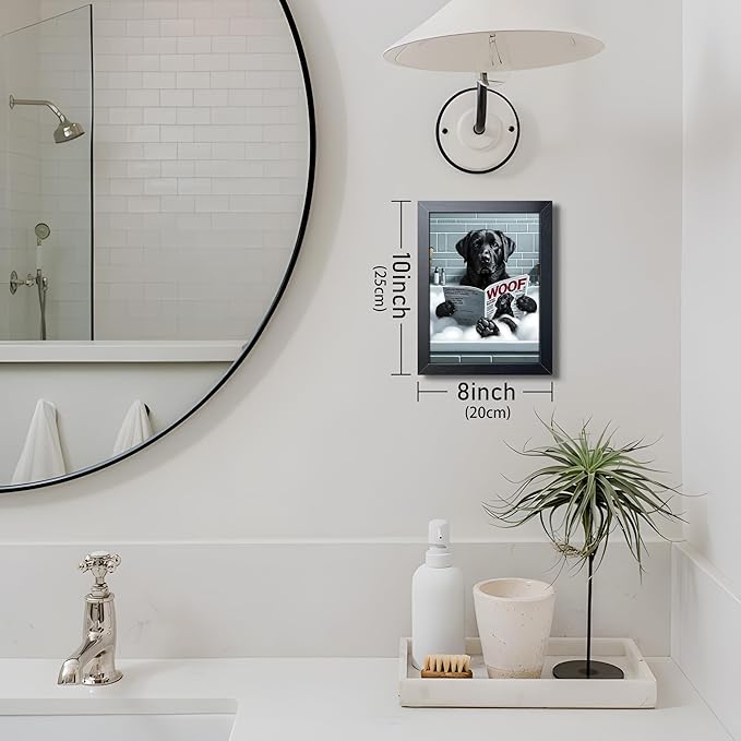 Framed Funny Dog Bathroom Canvas Wall Art, Black Labrador Reading Newspaper in Bathtub Poster Painting Print Picture, Humorous Animal Wall Decor for Modern Farmhouse Toilet Restroom Washroom 8x10 Inch