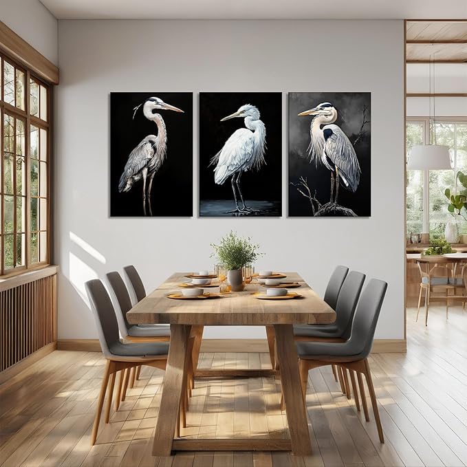 3 Pcs Heron Canvas Wall Art - Birds Picture Wall Decor Framed Black and White Painting Prints Animal Art for Living Room Home Office Ready to Hang(Art-1,16.00"x24.00"x3P)