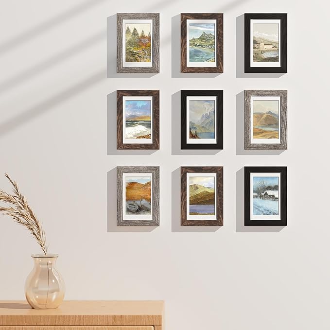 Vittanly 4x6 Picture Frames Set of 9, Display 3.5x5 Pictures with Mat or 4x6 without Mat, Photo Frames for Wall or Tabletop with Plexiglass, Engineered Wood, Black&Brown&Dark Grey