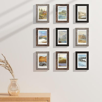 Vittanly 4x6 Picture Frames Set of 9, Display 3.5x5 Pictures with Mat or 4x6 without Mat, Photo Frames for Wall or Tabletop with Plexiglass, Engineered Wood, Black&Brown&Dark Grey