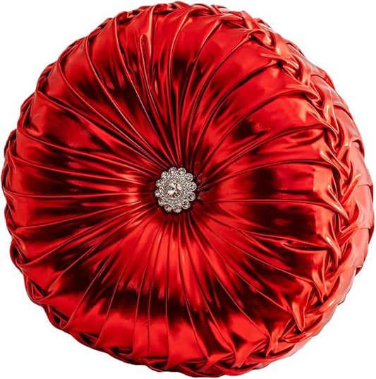 Red Round Throw Pillows, Soft Spandex Fabric Pumpkin Pleated Handmade Metallic Decorative Throw Pillows Floor Pillows Cushion for Sofa Couch Bed Living Room Chair Decoration