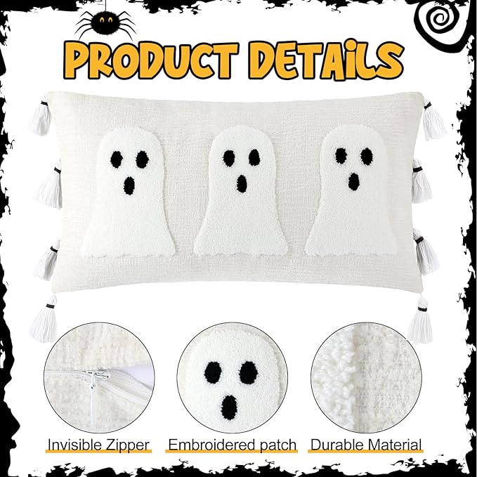 Vercraft Halloween Ghost Throw Pillow with Tassels 14x26 Inch Ghost Spooky Halloween Throw Lumbar Pillows Decorative Pillows Halloween Room Decor for Holiday Party Sofa Bed Cushion (White)