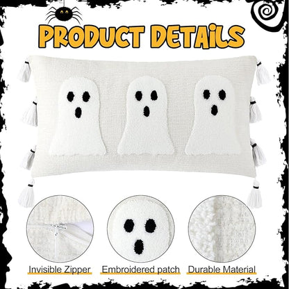 Vercraft Halloween Ghost Throw Pillow with Tassels 14x26 Inch Ghost Spooky Halloween Throw Lumbar Pillows Decorative Pillows Halloween Room Decor for Holiday Party Sofa Bed Cushion (White)