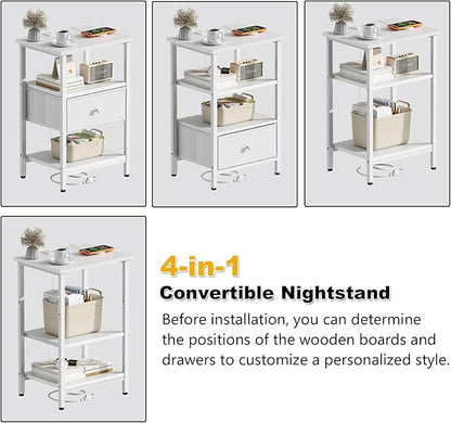 Side Table with Charging Station, Nightstand with Adjustable Fabric Drawer, Bedside Table for Bedrooms, Living Rooms & Home Decor (White)
