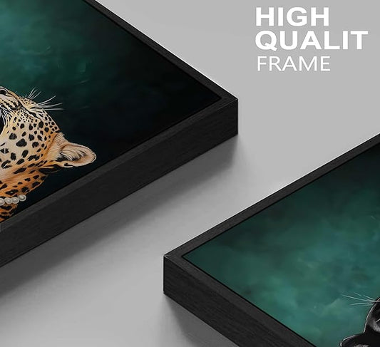 Framed Cheetah Canvas Wall Art Emerald Green Vintage Leopard Painting Picture Wall Decor Wild Animals Poster Print Artwork for Bedroom Living Room Apartment Home Decoration