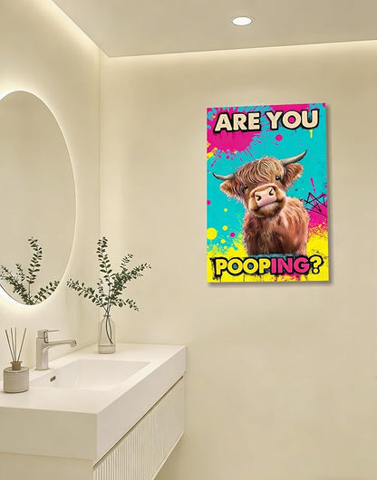Funny Highland Cow Bathroom Canvas Wall Art Prints, Are You Pooping Sign, Colorful Pop Art Toilet Poster for Washroom, Graffiti Humorous Restroom Wall Decor, 16x24 Inch Framed Painting Ready to Hang