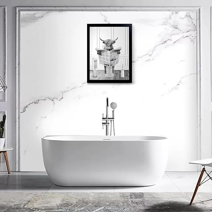 Black Framed Bathroom Decor - Funny Highland Cow Wall Art in Bathtub, Black and White Canvas Cow In Bathroom Picture, Humor Animals Bathroom Artwork Prints, Wall Decor Ready To Hang for Living Room,