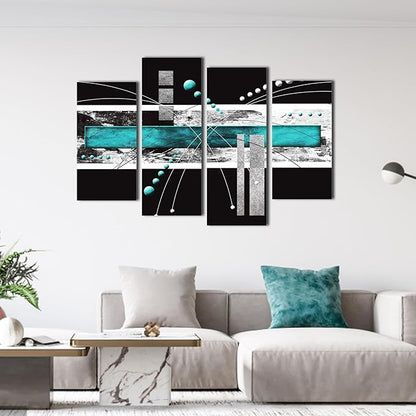 YPY Large Black Teal Canvas Wall Art - 4 Pieces Modern Abstract Picture Set for Home Decoration - Contemporary Painting Artwork for Living Room Bedroom 64x42