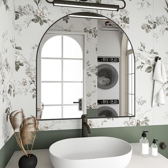 Wall Mounted Mirror, Arched Wall Mirror for Bathroom, 33.5"x29.5" Arch Bathroom Mirror with Metal Frame, Black Vanity Mirror Decor for Mantle, Bedroom, Entryway