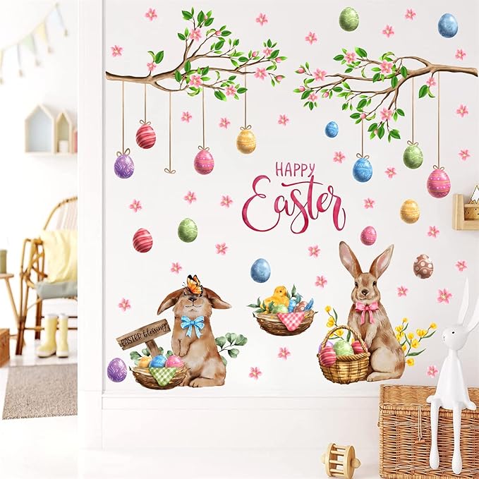 Happy Easter Wall Stickers Bunny Decals for Wall Decroation Easter Eggs Tree Branch Wall Decal Peel and Stick Easters Window Decals Spring Rabbit Sticker for Living Room Bedroom Nusery Supplies