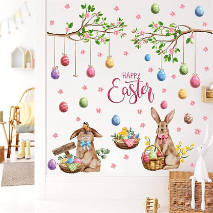 Happy Easter Wall Stickers Bunny Decals for Wall Decroation Easter Eggs Tree Branch Wall Decal Peel and Stick Easters Window Decals Spring Rabbit Sticker for Living Room Bedroom Nusery Supplies