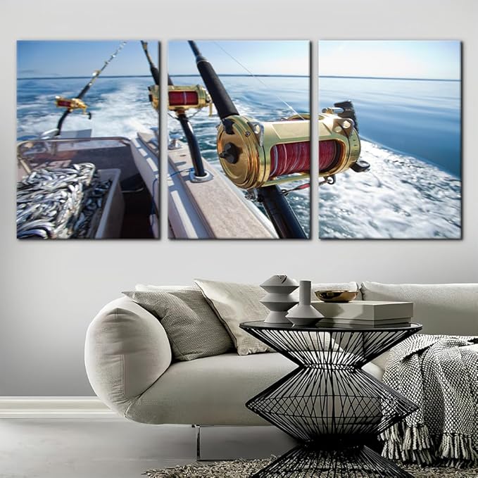 Pacimo 3 Pieces Canvas Wall Art Fishing Reels and Rods Pictures Prints Wall Decor for Living Room Angling Gallery-Wrapped Modern Artwork White Sea Wave Paintings Bedroom House Decor Framed - 20"x28"x3