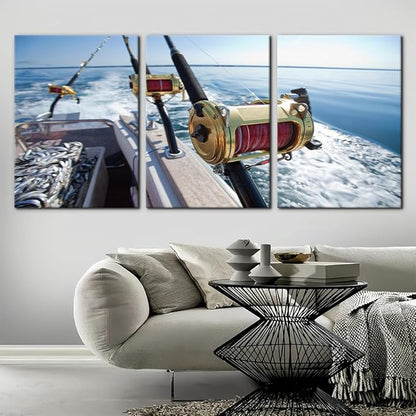 Pacimo 3 Pieces Canvas Wall Art Fishing Reels and Rods Pictures Prints Wall Decor for Living Room Angling Gallery-Wrapped Modern Artwork White Sea Wave Paintings Bedroom House Decor Framed - 20"x28"x3
