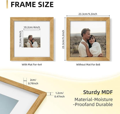 YESKAY 8x8 Picture Frame Set of 9, Photo Gallery Wall Frame Set, Display Pictures 4x4 with Mat or 8 x 8 Without Mat, Square Frame Picture Frames Collage Wall Decor, Natural Oak