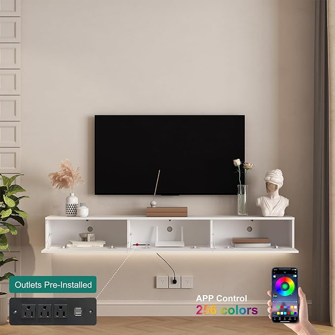 KEIKI 9.17" H x 68.8" L Floating TV Stand Wall Mounted with 16 Color LEDs & Power Outlets for TVs Up to 70 Inch, Wooden Media Console Entertainment Center Television Table Cabinet for Living Room