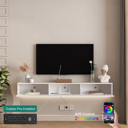 KEIKI 9.17" H x 68.8" L Floating TV Stand Wall Mounted with 16 Color LEDs & Power Outlets for TVs Up to 70 Inch, Wooden Media Console Entertainment Center Television Table Cabinet for Living Room