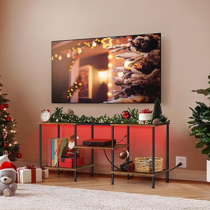 50 Inch TV Stand with Power Outlets and LED Lights, Rustic Brown TV Stands for Living Room Farmhouse Small Entertainment Center with Storage, 3 Tier TV Media Console Table for 50 43 40 32 Inch TV