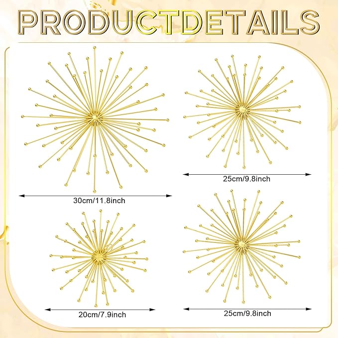 Shimeyao 4 Pcs Metal Starburst Wall Decor Gold Metal Wall Art 3D Spike with Orb Finish Star Burst Hangings Accents Sculptures Set Modern Mid-Century Decorations for Living Room Bedroom Entryway