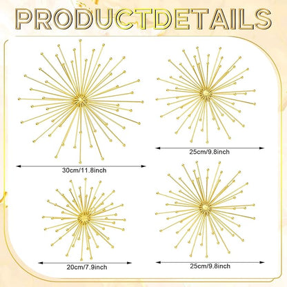 Shimeyao 4 Pcs Metal Starburst Wall Decor Gold Metal Wall Art 3D Spike with Orb Finish Star Burst Hangings Accents Sculptures Set Modern Mid-Century Decorations for Living Room Bedroom Entryway
