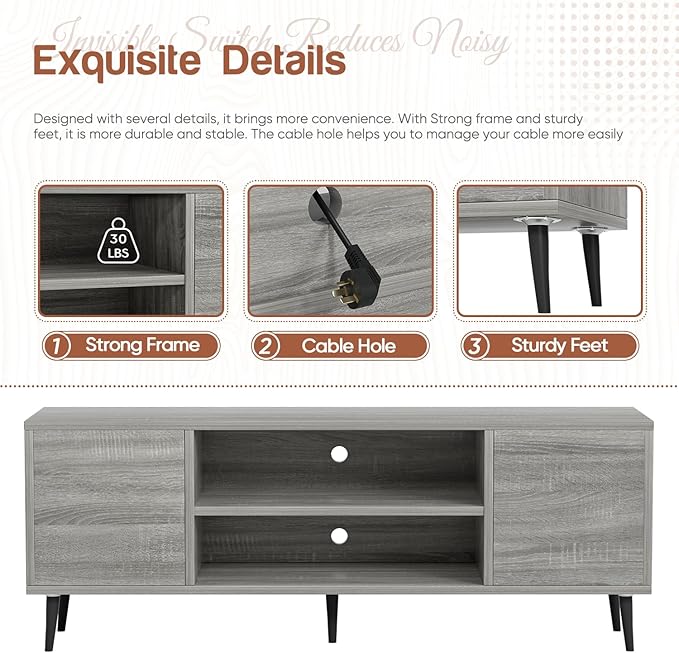 YESHOMY Modern TV Stand for 65" Television, Entertainment Center with Two Storage Cabinets, Retro Style Media Console for Living Room, Bedroom, Office, 58 Inch Classic, Light Gray