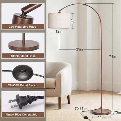 Floor Lamp for Living Room, Vintage Arc Floor Lamp with Adjustable Lamp Head, Tall Pole Lamp with On/Off Pedal Switch, Over Couch Arched Reading Light for Bedroom, Office, Study Room (Antique Bronze)
