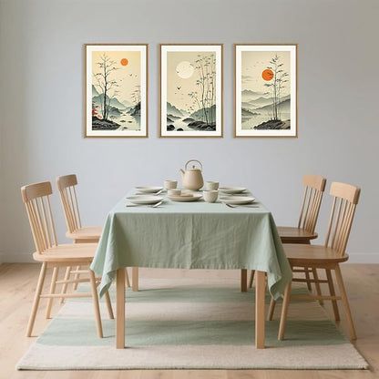 Chinoiserie Bamboo Forest Framed Canvas Wall Art Set, Nature Tree Lakes Wall Decor, Minimalist Zen Landscape Wall Painting, Watercolor Art Prints for Living Room, Bedroom, Office 24"X36"X3