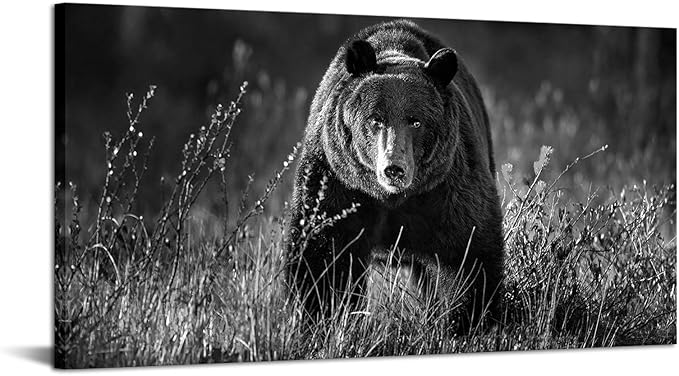 LevvArts Black and White Animal Wall Art Forest Bear Picture Painting Modern Artwork Framed Home Kitchen Office Decor 24"x48"