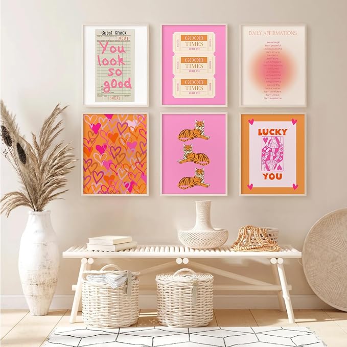 Preppy Wall Art Pink Orange Wall Decor Trendy Canvas Wall Art Aesthetic Pictures Girl Posters Inspirational Daily Affirmation Prints Lucky You Artwork Set of 6 for Dorm Room 12x16 Inch Unframed