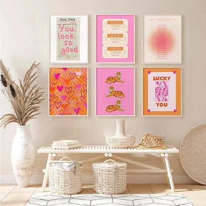 Preppy Wall Art Pink Orange Wall Decor Trendy Canvas Wall Art Aesthetic Pictures Girl Posters Inspirational Daily Affirmation Prints Lucky You Artwork Set of 6 for Dorm Room 12x16 Inch Unframed