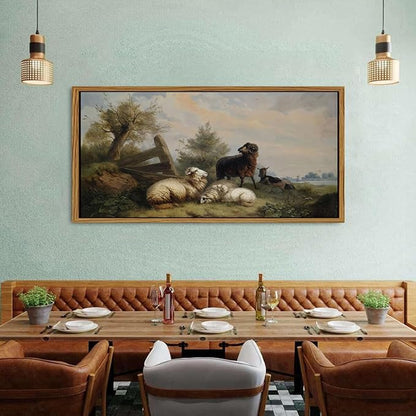 Farmhouse Sheep Framed Canvas Wall Art Vintage French Country Nature Landscape Wall Decor Countryside Meadow Flock of Sheep Animal Poster Prints Artwork for Kitchen Bedroom Home Decoration 30x57.8