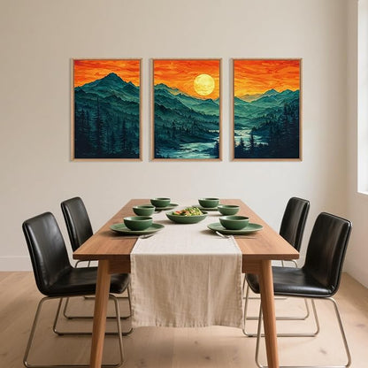 Woodland Mountain Framed Canvas Wall Art Set, Abstract Ridge Wall Painting, Boho Sunset Scenery Wall Decor, Modern Natural Landscape Art Print for Living Room, Bedroom, Office - 24"x36"x3