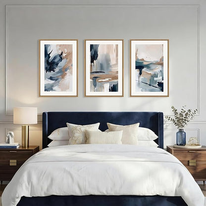 Aryroi Abstract Navy Blue Framed Canvas Wall Art Set,Neutral Brush Stroke Wall Decor,Watercolor Pastel Brown Artwork,Modern Minimalist Color Block Art Print For Living Room,Bedroom,Office-16 x24 x3