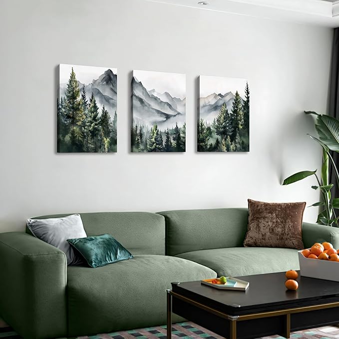 WANGTIAO 3 Panels Framed Canvas Wall Art for Living Room, Abstract Mountain Forest Views Ink Wall Decor for Dedroom Office Wall Paintings Green Landscape Art Prints Pictures Ready to Hang 20"x28"x3