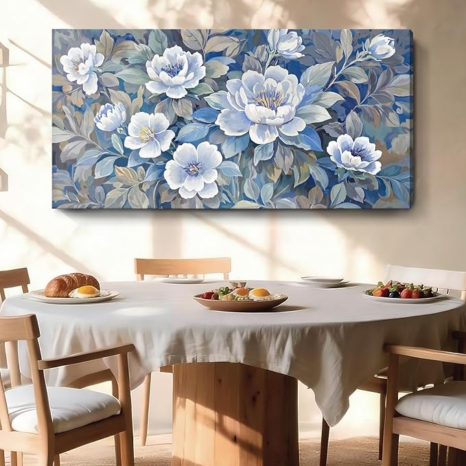 amatop Large Blue White And Gray Canvas Wall Art, Modern Natural Abstract Prints Of Plants For Living Rooms; Unique Blooming Flower Artwork For Bedrooms, Bathrooms, Dining Rooms, And Studies. 48X24In