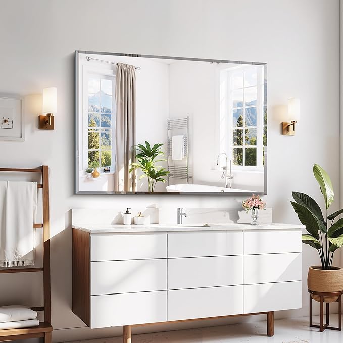 CILIBER Beveled Bathroom Mirror, 36x55 Large Bathroom Mirrors for Over Sink, 3mm Tempered Glass Beveled Frameless Vanity Mirror for Bathroom, Bedroom, Living Room and Entryway