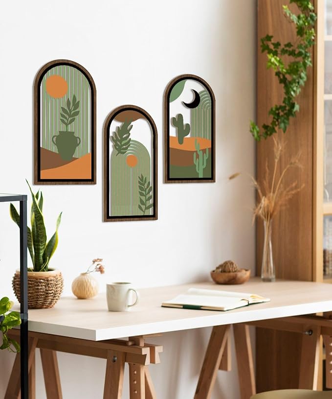 Putuo Decor Boho Wall Decor with Cactus, Modern Wooden Minimalist Wall Decor, Abstract Green Room Decorations 16x8 In Mid Century Artwork for Living Room Bedroom Office in Desert Green Set of 3