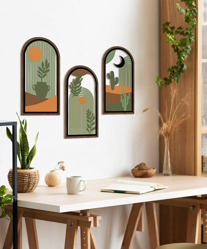 Putuo Decor Boho Wall Decor with Cactus, Modern Wooden Minimalist Wall Decor, Abstract Green Room Decorations 16x8 In Mid Century Artwork for Living Room Bedroom Office in Desert Green Set of 3