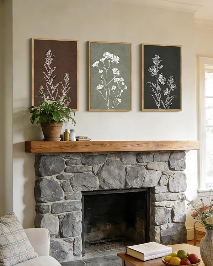 Drsoum Vintage Botanical Flower Boho Framed Wall Art Retro Floral Prints Wildflower Bohemain Neutral Rustic Artwork Kitchen Bedroom Ready to Hang 16x24in Natural Framed