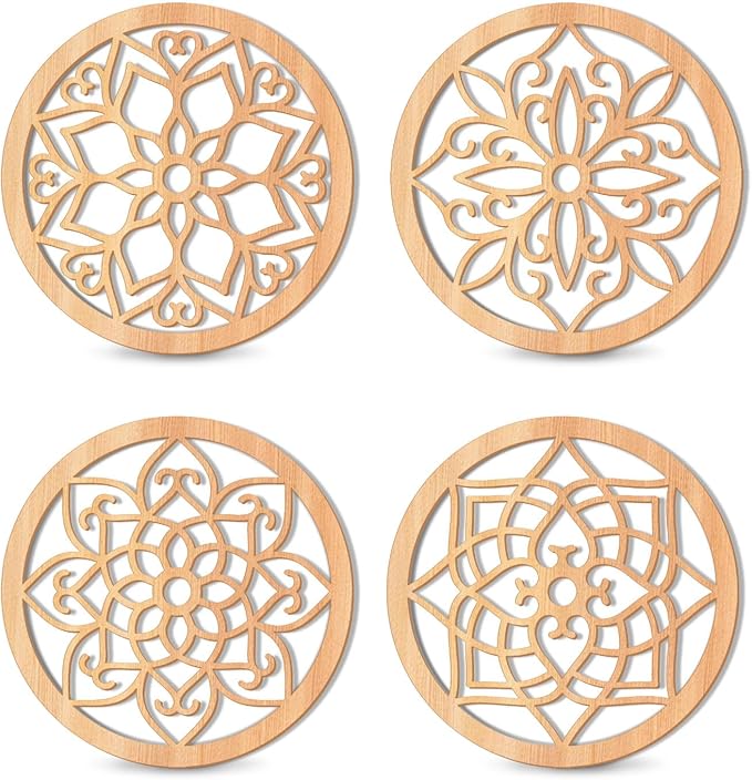 KOYILTD 4 Pieces Thicken Rustic Wall Decor,Flower Carved Wall Art,Wooden Hollow Carved Design(Round, 8.2in)