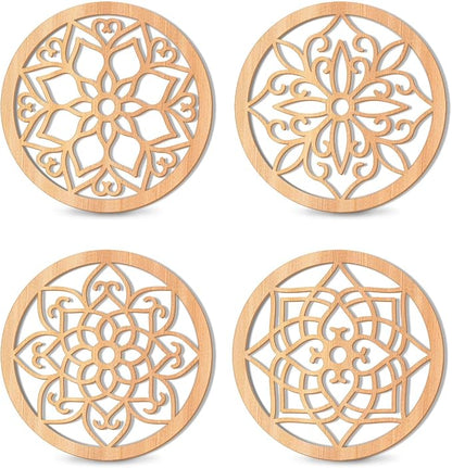 KOYILTD 4 Pieces Thicken Rustic Wall Decor,Flower Carved Wall Art,Wooden Hollow Carved Design(Round, 8.2in)