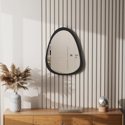 15" X 12" Irregular Wall Mirror, Black Wooden Framed Mirror, Asymmetrical Wall Mirror for Living Room Bedroom Bathroom Entryway, Small Modern Decorative Hanging Hook Style Mirror