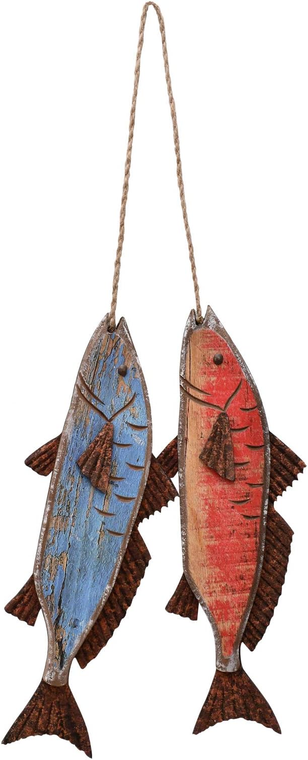 Wooden Fish Hanging Wood Decor for Wall, Rustic Nautical Beach Theme Home Decoration Sculpture Home Decor for Bathroom Bedroom Lake House Decoration