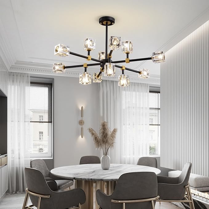 Modern Crystal Chandelier with 12 Lights, Black and Gold Sputnik Chandeliers for Dining Room Modern Sputnik Chandelier Pendant Light fixtures for Living Room,Entryway,Kitchen Island, Bedroom