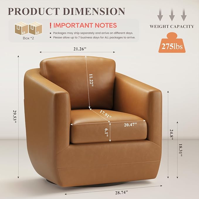 MALOL 360° Swivel Accent Chair- Comfy Living Room Armchair No-Sag Foam & Sturdy Metal Base with Pillow, Fully Assembled Swivel Accent Single Sofa for Bedroom, Office, Brown