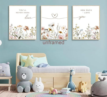 JBZDD 3Pcs Wildflower Nursery Wall Art – Boho Botanical Flower Posters with Inspirational Sentences, Aesthetic Print Artwork for Baby Girl Nursery, Bedroom, or Living Room Decoration Unframed16x24in