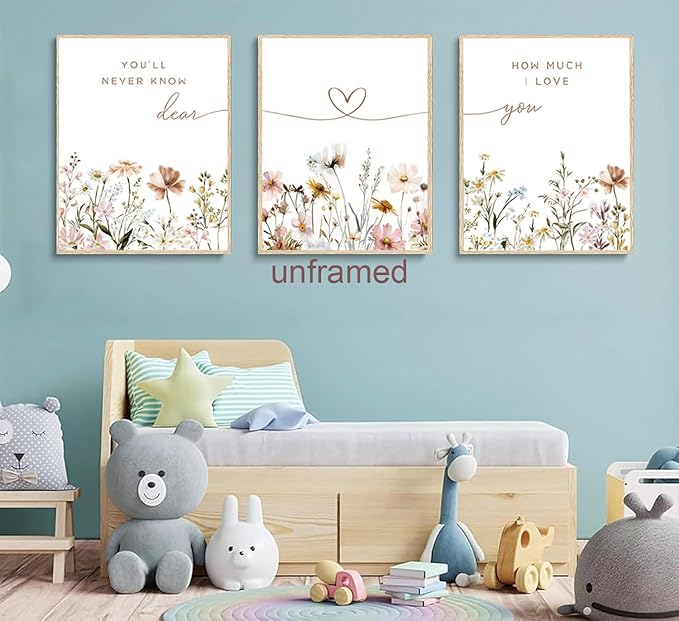 JBZDD 3Pcs Wildflower Nursery Wall Art Boho Botanical Flower Sentences Posters Girl Nurseries Print Artwork for Baby Girl Nursery Bedroom or Living Room Decoration Unframed12x16in